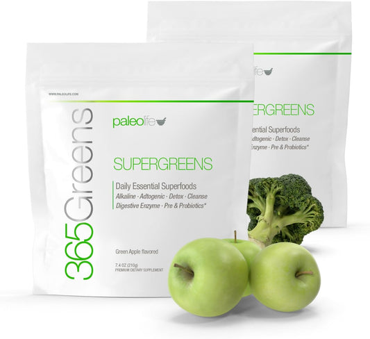 365Greens Daily Essential Premium Superfood con 75 Minerales, Vitaminas, Verduras, Frutas y Adaptógenos - Verde (2 x 210 g)