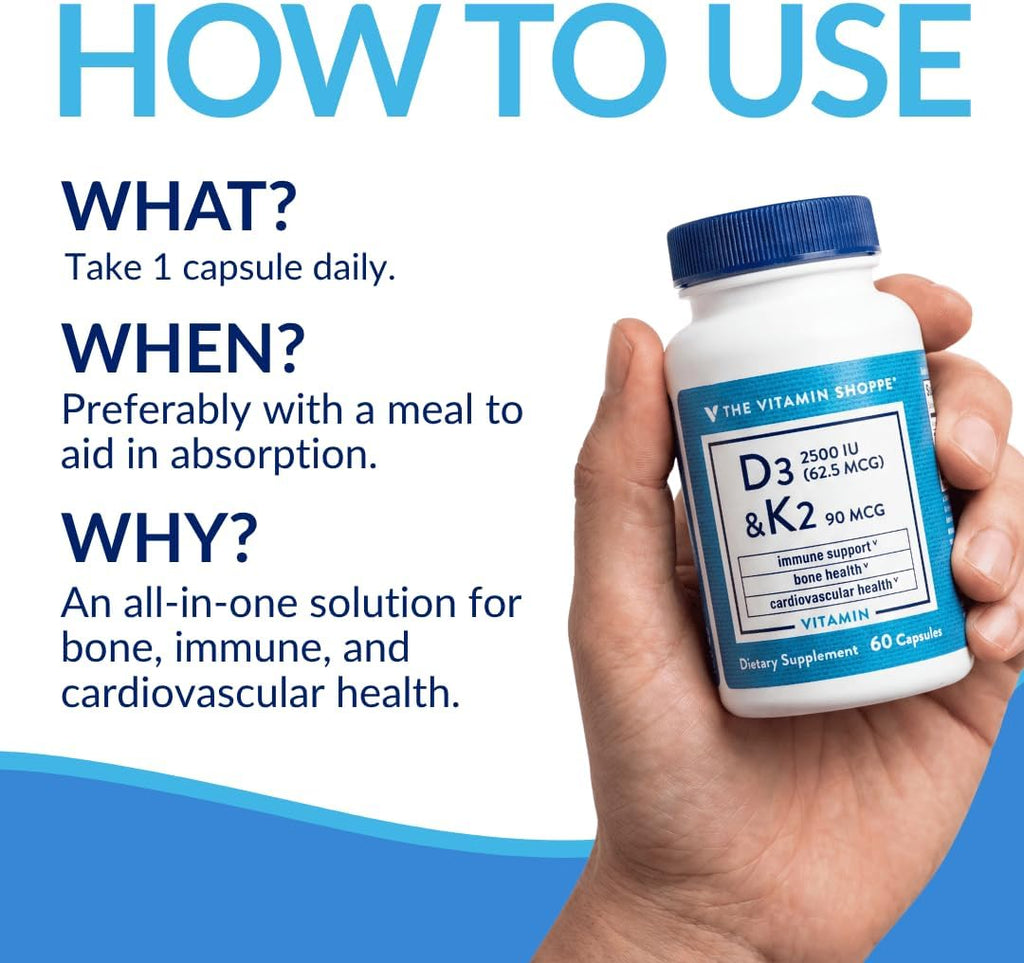 The Vitamin Shoppe Vitamina D3 2500 UI y K2 90 mcg con Calcio - 60 Cápsulas