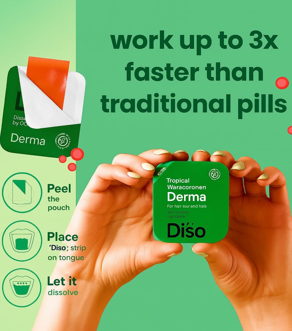 DISO Derma – Tiras Orales de Biotina para Cabello, Piel y Uñas, Sabor Sandía Tropical, 30 Unidades