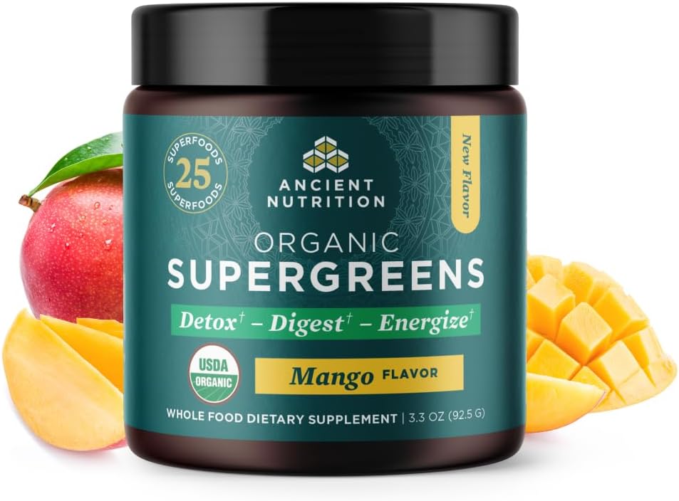 Ancient Nutrition SuperGreens en Polvo con Probióticos, Sabor Berry Orgánico, 12 Porciones, 91g