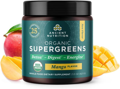Ancient Nutrition SuperGreens Powder with Probiotics, Organic Mango Flavor Greens, Made from Real Fruits, Vegetables and Herbs, Digestive and Energy Support, 12 Servings, 93g