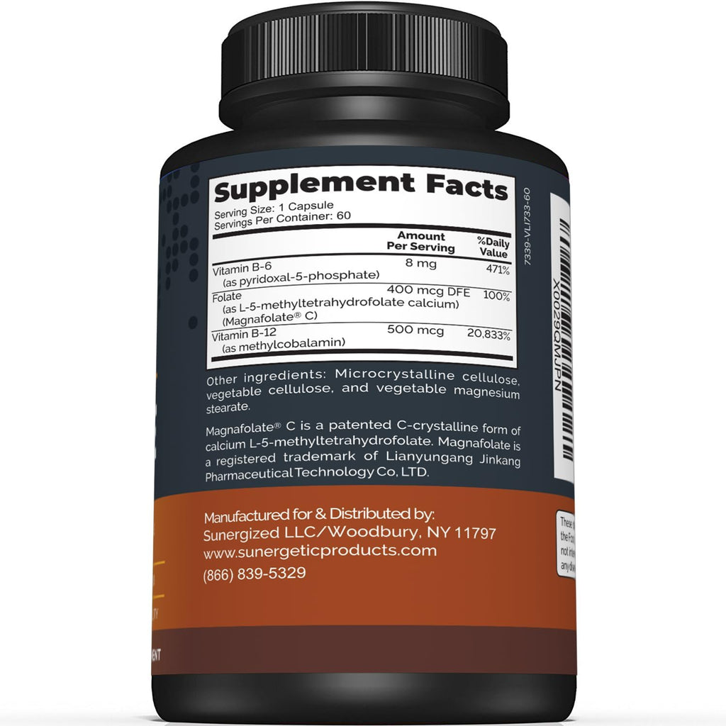 Sunergetic Premium Methyl Folate Supplement – with Methylated Vitamin B12 and Vitamin B6 – Metabolically Active Folate as Magnafolate - Methylfolate 400 mcg per Capsule – 60 Capsules