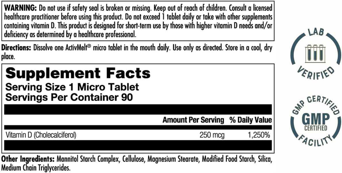 KAL Ultra Vitamina D3 10000 UI (250 mcg) - ActivMelt de Disolución Rápida - 90 Microcomprimidos
