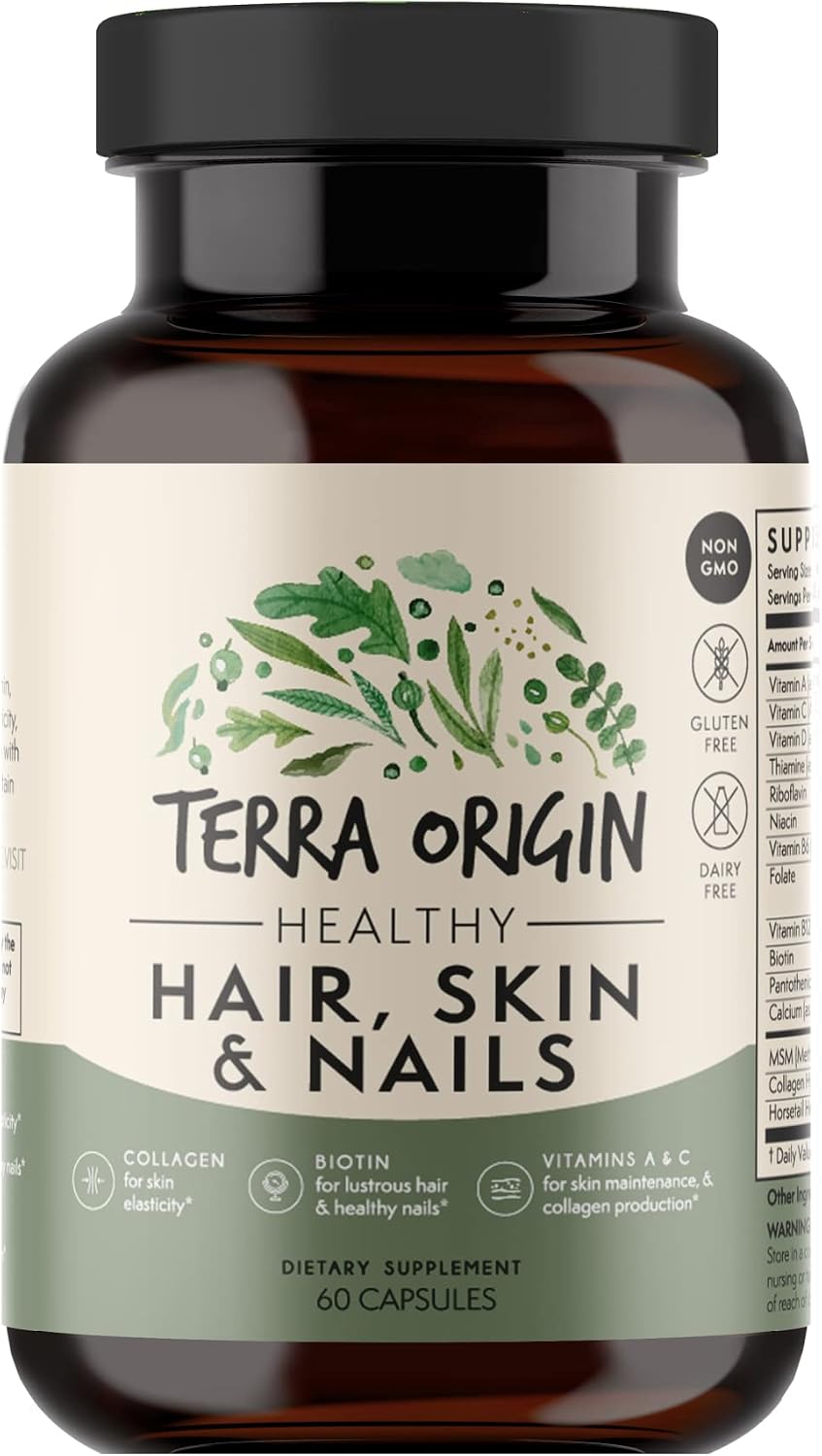 TERRA ORIGIN Suplemento para Cabello, Piel y Uñas | Colágeno, Biotina, Cola de Caballo y Complejo B | 60 Cápsulas