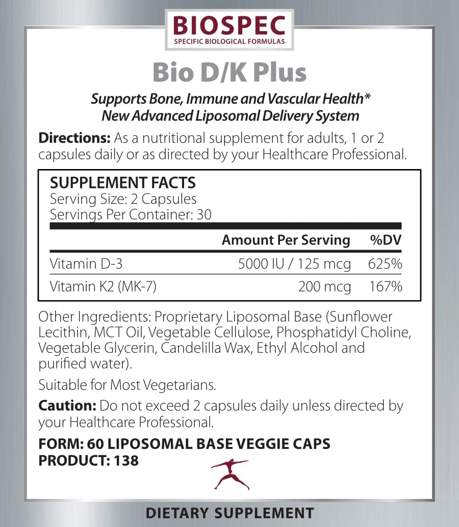 Bio D/K Plus - Vitamina D3 5000 UI + K2 (MK-7) 200 mcg, 60 Cápsulas