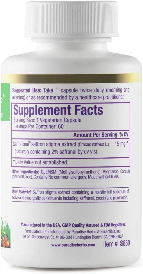 Paradise Herbs Saffr-Tone, Saffron Extract, Active Whole Spectrum, 60 Vegetarian Capsules