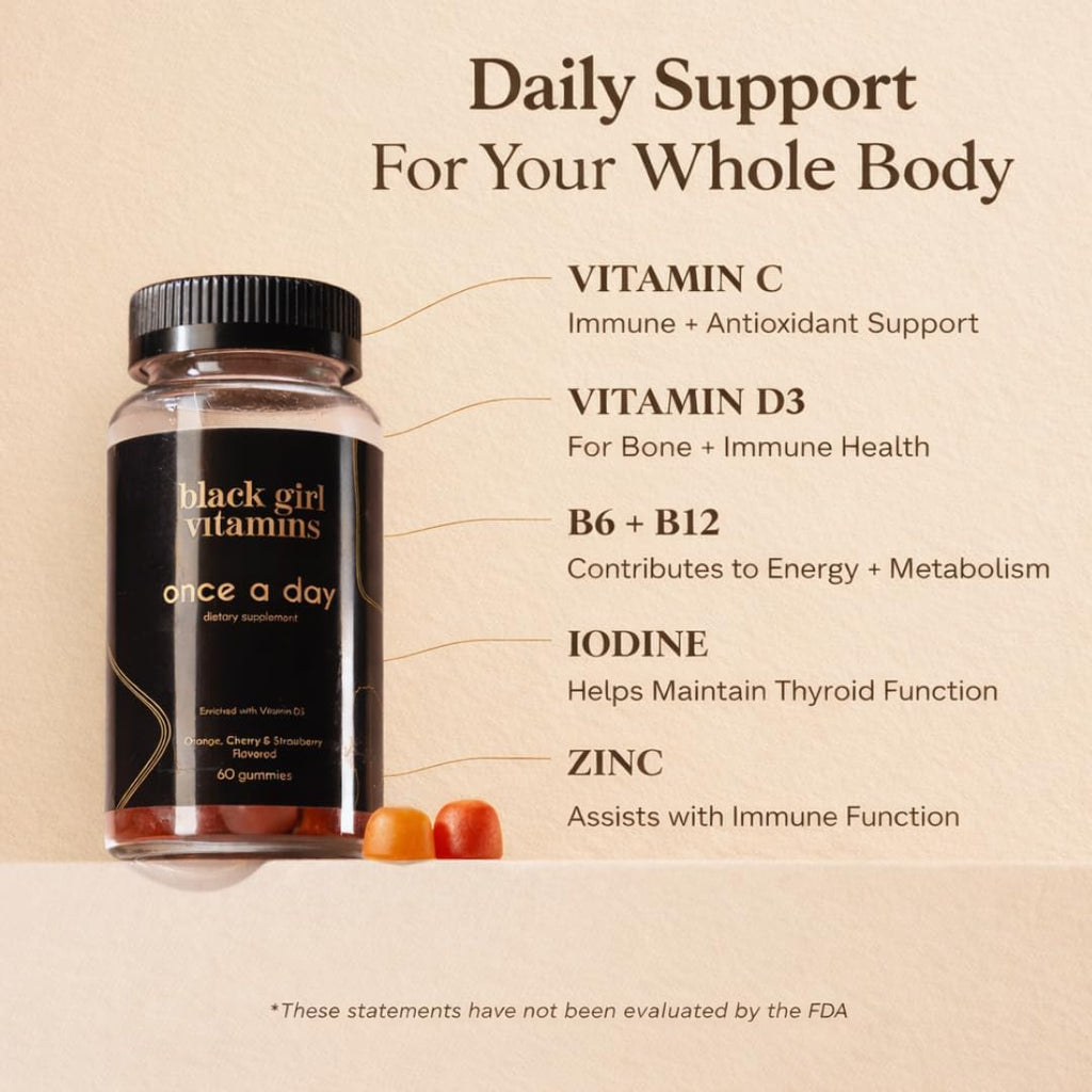Black Girl Vitamins Once a Day - Multivitamínico en gominolas para mujeres - Vitaminas A, B, C, E y Zinc - Vegano, Sin Gluten - 30 Días (Fresa)