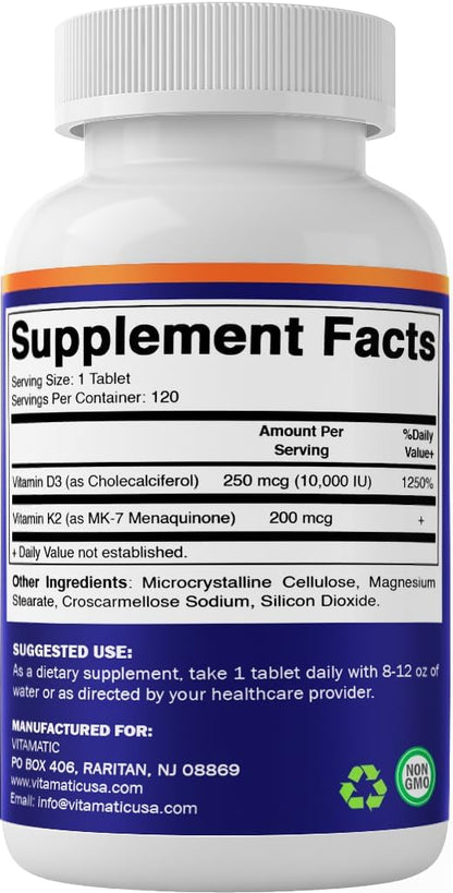 Vitamatic Vitamina D3 K2 10.000 UI + 200 mcg MK-7, 120 Comprimidos – Image 8