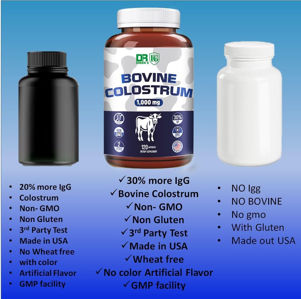 VITAMISAN Calostro Bovino, 120 Cápsulas, 1000mg por Ración, 30% IgG Inmunoglobulinas, Polvo de Calostro Bovino No OGM, Sin Gluten