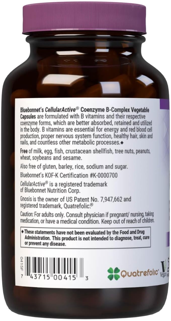 Bluebonnet Nutrition Cellular Active Coenzyme B-Complex, Energy Production and Nerve Support*, Vegan, KOF-K Kosher Certified, Gluten-Free, Soy-Free, Dairy-Free, 100 Vegetable Capsules, 100 Servings