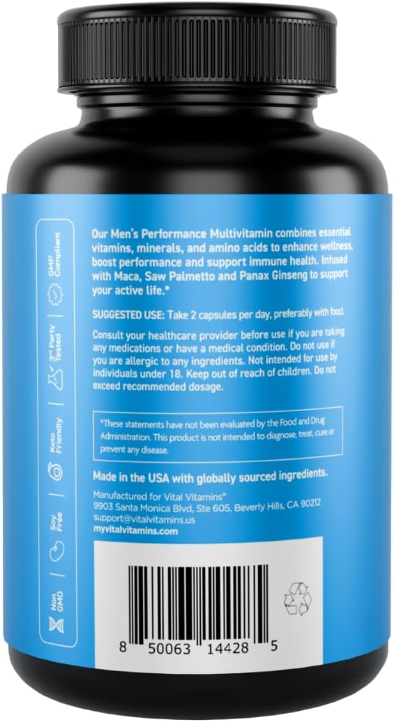Vital Vitamins Multivitamínico para Hombres - Complejo con Aminoácidos Esenciales, Maca, Saw Palmetto, Vitaminas A, C, D3, E, B6, B12 y Zinc - 60 Cápsulas