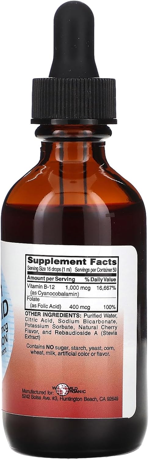 World Organics Líquido B-12 con Ácido Fólico, 60 ml