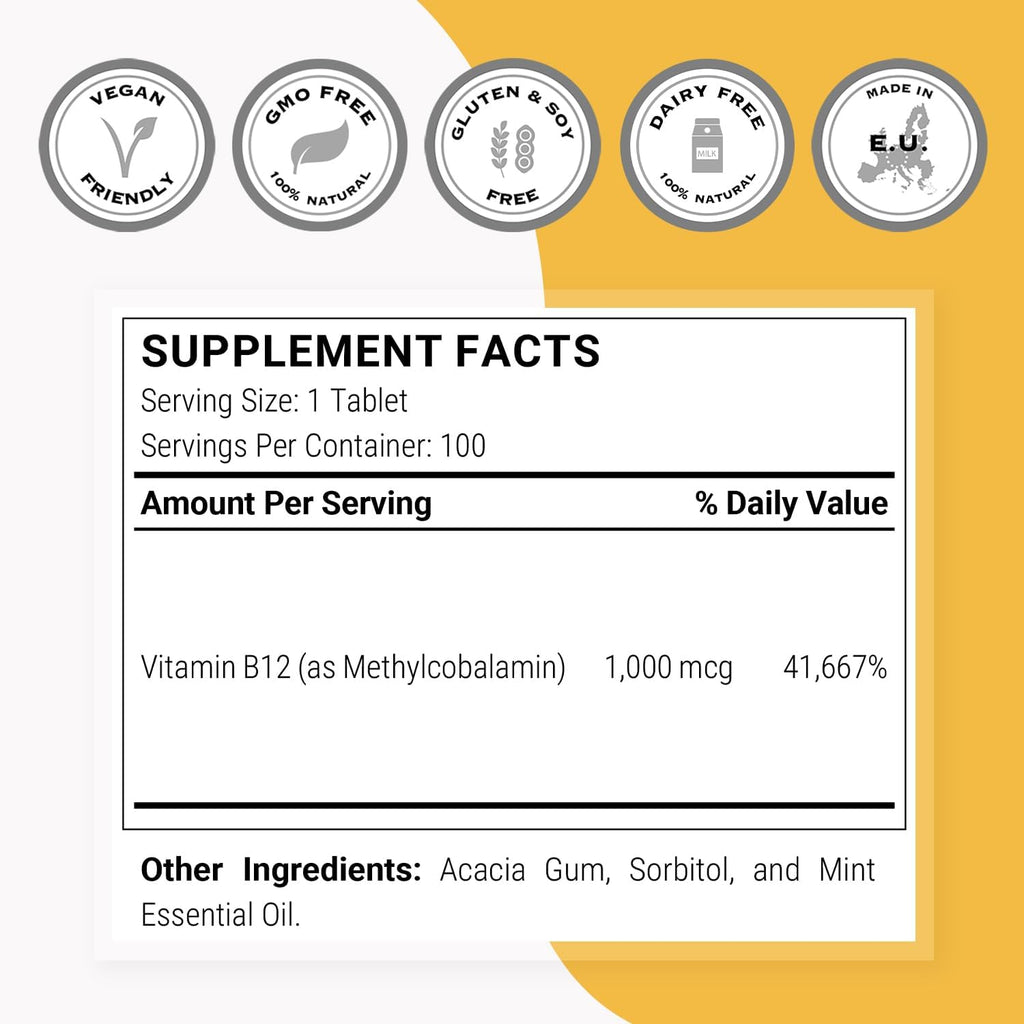 Supersmart - Metilcobalamina B12 1000 mcg Sublingual, Sabor Menta, 100 Comprimidos