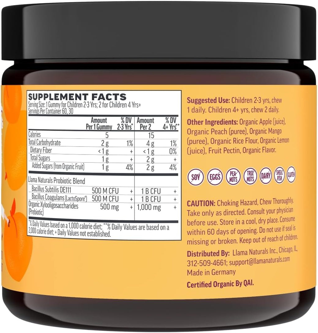 Llama Naturals Probiótico Infantil con Prebiótico - Gomitas Veganas de Fruta Real - Sin Azúcar Añadido - Sabor Melocotón Mango - 60 Gomitas