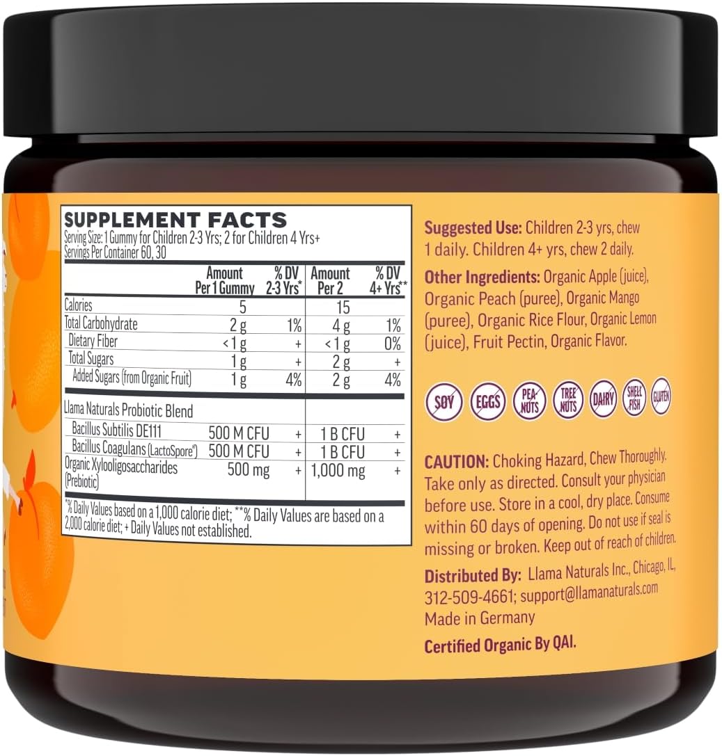 Llama Naturals Probiótico Infantil con Prebiótico - Gomitas Veganas de Fruta Real - Sin Azúcar Añadido - Sabor Melocotón Mango - 60 Gomitas