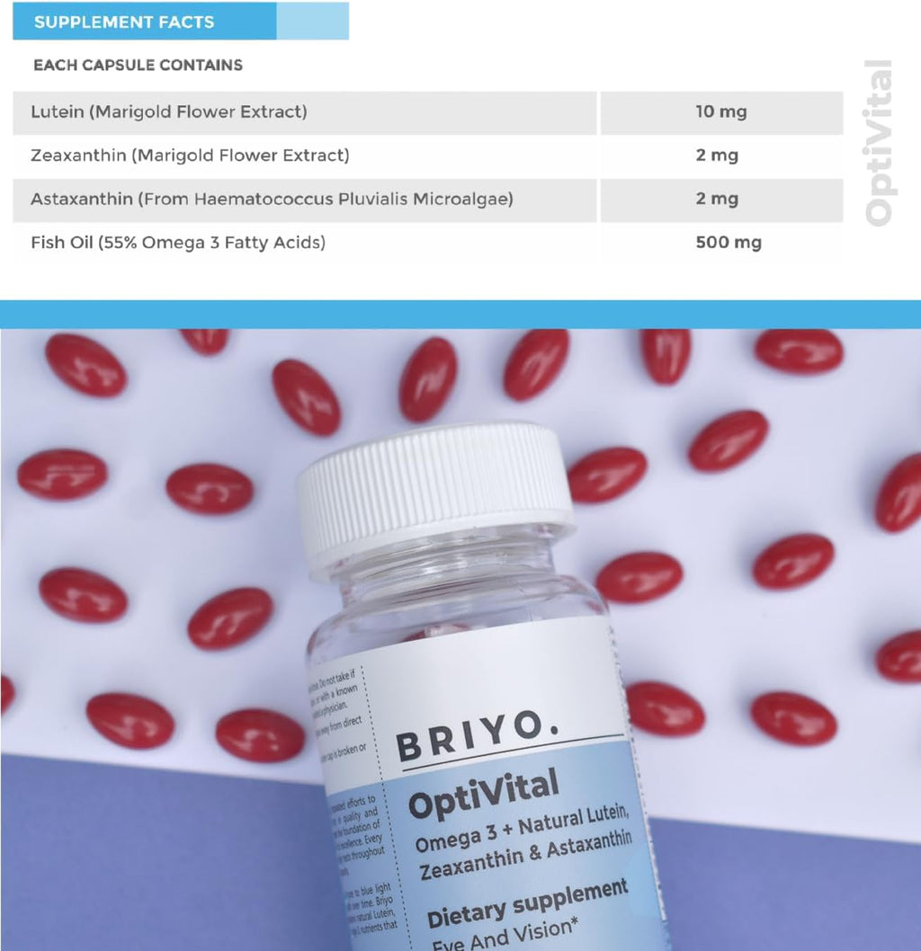 Briyo OptiVital – Complemento para la salud visual con luteína, zeaxantina, astaxantina y omega-3, 60 cápsulas