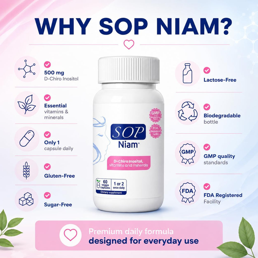 SOP NIAM D-Chiro Inositol 500mg con Ácido Fólico, Vitamina D3, B6, B12 y Biotina - 60 Cápsulas Veganas
