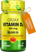 ORZAX Vitamina D3 10000 UI (250 mcg) – 120 Cápsulas Blandas – Sin Gluten, Sin Azúcar, No-GMO