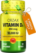 ORZAX Vitamina D3 10000 UI (250 mcg) – 120 Cápsulas Blandas – Sin Gluten, Sin Azúcar, No-GMO