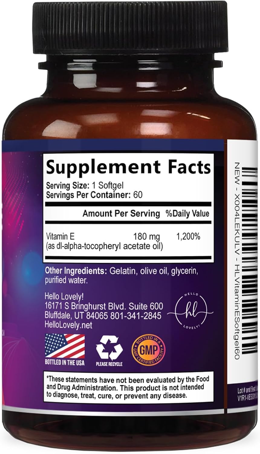 Vitamina E – 180 mg por Ración – Suplemento para Piel y Cabello – dl-Alfa Tocoferol – 60 Cápsulas Blandas