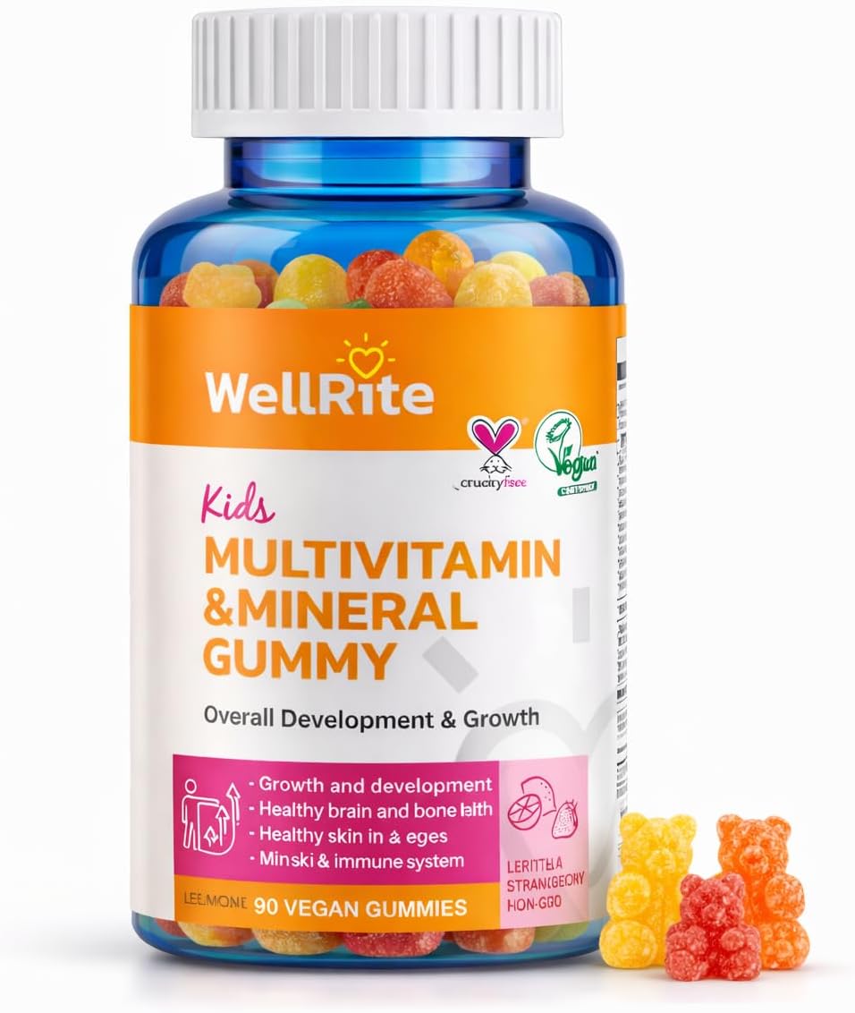 Kids Multivitamin Gummies – Wellrite Multivitamínico para Niños con Vitaminas y Minerales, Crecimiento e Inmunidad, Vegano, Sin Gelatina, Sin Gluten, Sin Frutos Secos, 60 Gomitas, Sabor Fresa y Limón