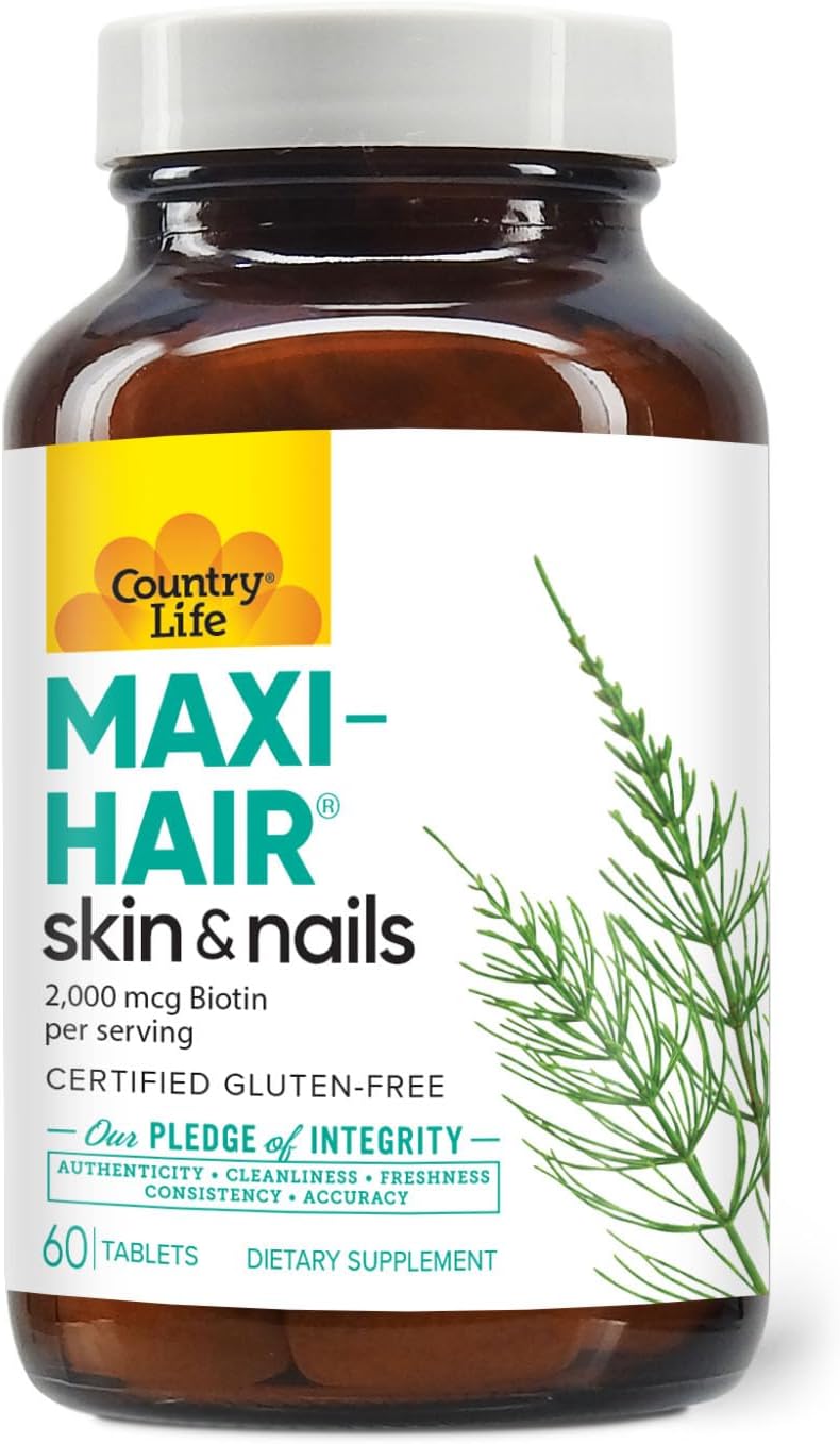 Country Life Maxi-Hair - Biotina 2000mcg con Vitaminas para Cabello, Piel y Uñas - 60 Comprimidos