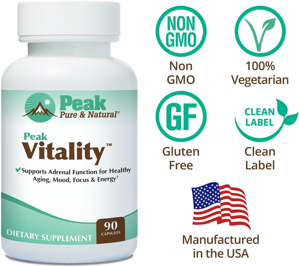 Peak Vitality Apoyo Suprarrenal con Adaptógenos - Boswellia, Albahaca Santa, L-Teanina y Ashwagandha - 90 Cápsulas