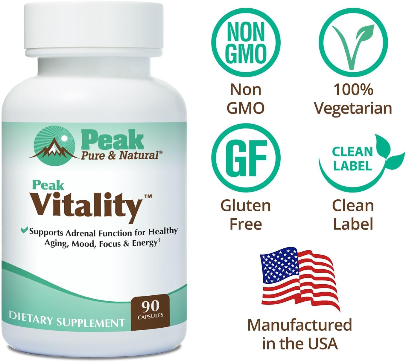 Peak Vitality Apoyo Suprarrenal con Adaptógenos - Boswellia, Albahaca Santa, L-Teanina y Ashwagandha - 90 Cápsulas