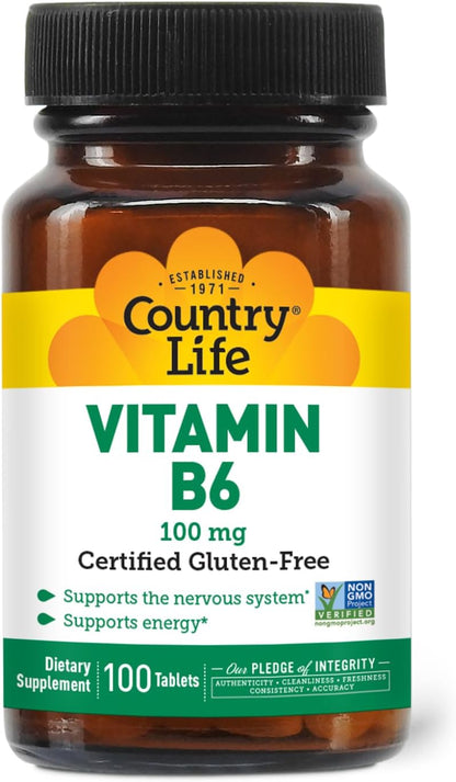 Country Life Vitamina B-6 100mg, 100 – Metabolismo energético normal: La vitamina B6 contribuye al metabolismo – Image 1