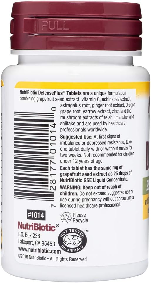 NutriBiotic DefensePlus, 45 comprimidos | Apoyo inmunitario 11 en 1 con vitamina C, zinc, extracto de semilla de pomelo, equinácea, raíz de astrágalo y extractos de hongos | Vegano y sin gluten