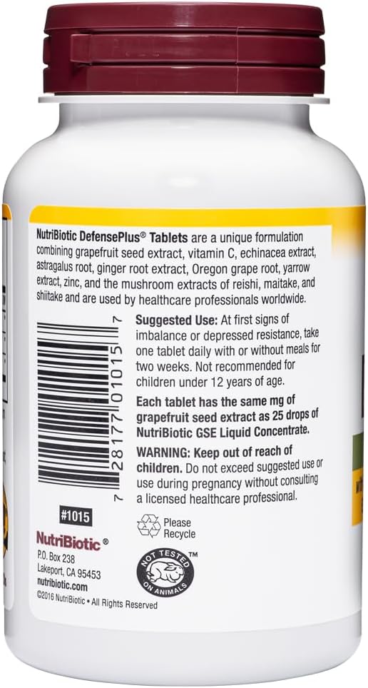 NutriBiotic – DefensePlus, 90 Comprimidos – Apoyo Inmunitario 11 en 1 con Vitamina C, Zinc, Extracto de Semilla de Pomelo, Equinácea, Astrágalo y Hongos – Vegano y Sin Gluten