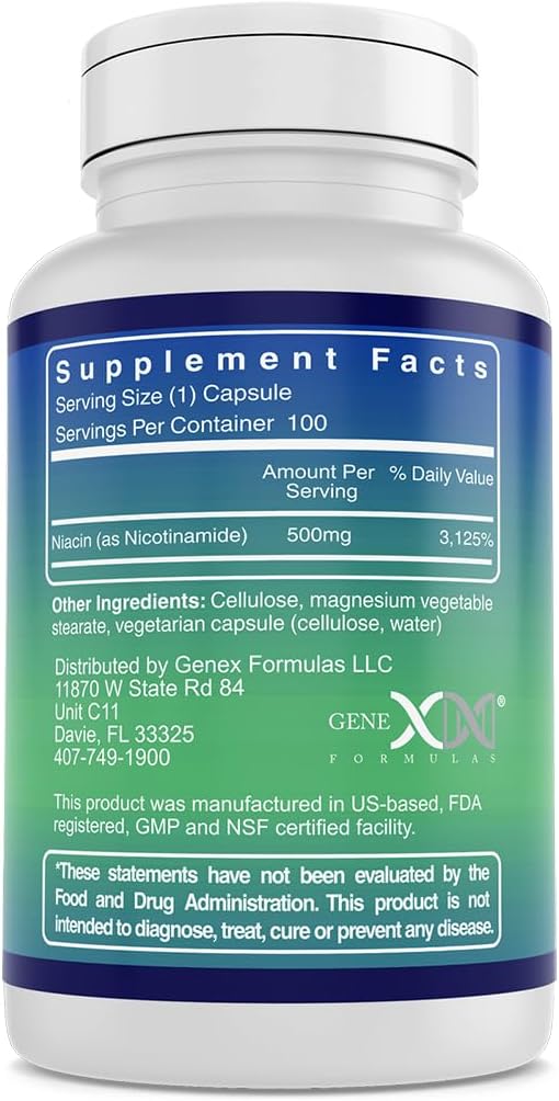 Genex Formulas - Nicotinamida 500 mg, Vitamina B3 sin enrojecimiento, Cápsulas para piel y energía (100 cápsulas)
