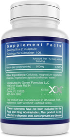 Genex Formulas - Nicotinamida 500mg - Vitamina B3 sin Enrojecimiento - 100 Cápsulas
