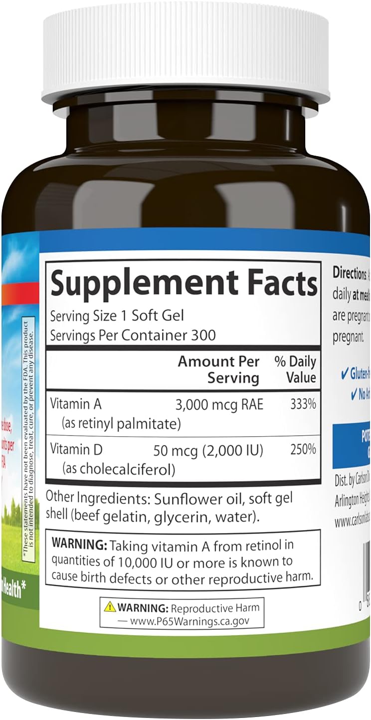 Carlson A & D, 10000 IU (3000 mcg RAE) Vitamina A, 2000 IU (50 mcg) Vitamina D, 300 Cápsulas Blandas