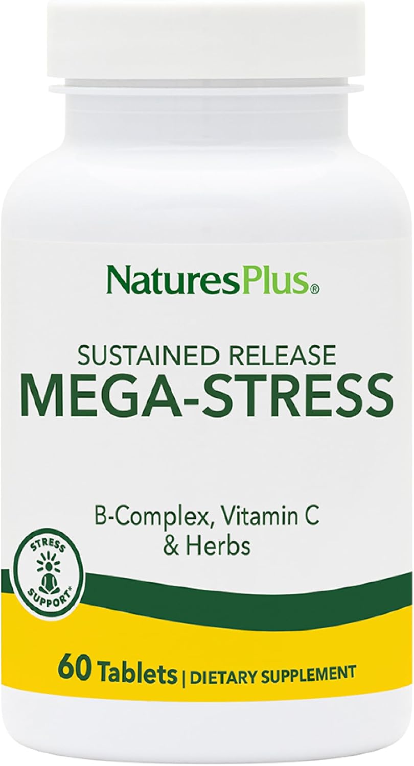 NaturesPlus Mega-Stress Complex - B-Complex con Vitamina C y Hierbas Relajantes - 60 Comprimidos de Liberación Prolongada