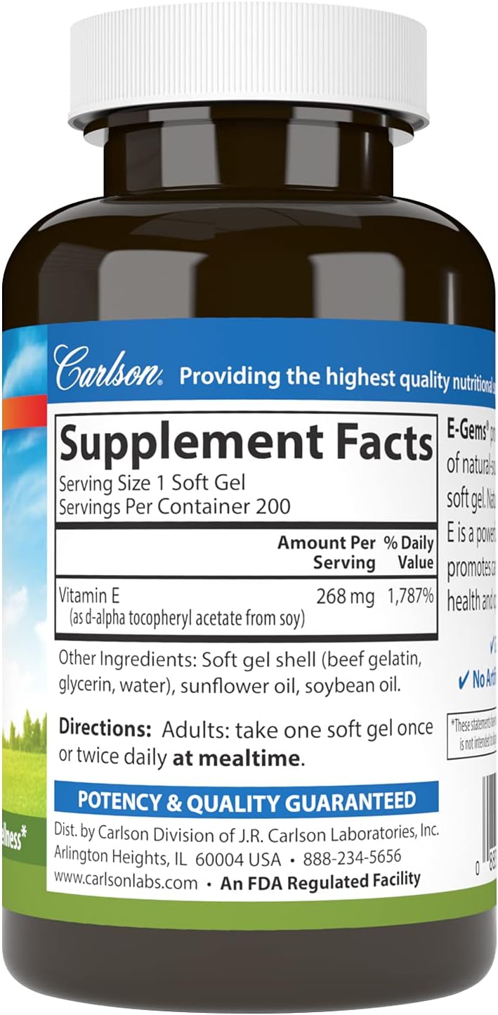 Carlson E-Gems, 400 IU, Heart Health & Optimal Well-Being, Antioxidant, 200 Soft Gels