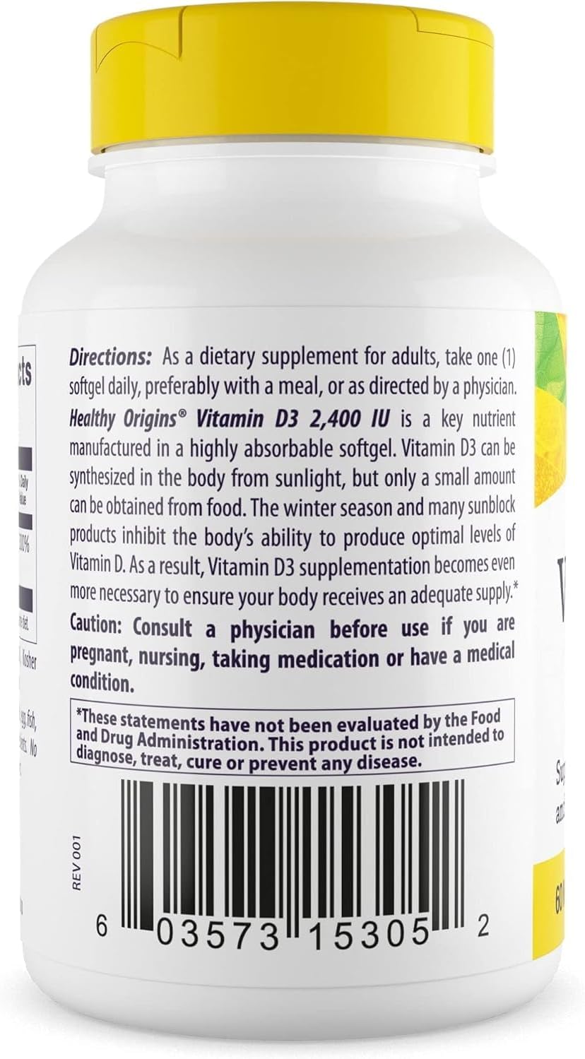 Healthy Origins Vitamina D3 2400 UI - 120 Cápsulas Blandas de Lanolina