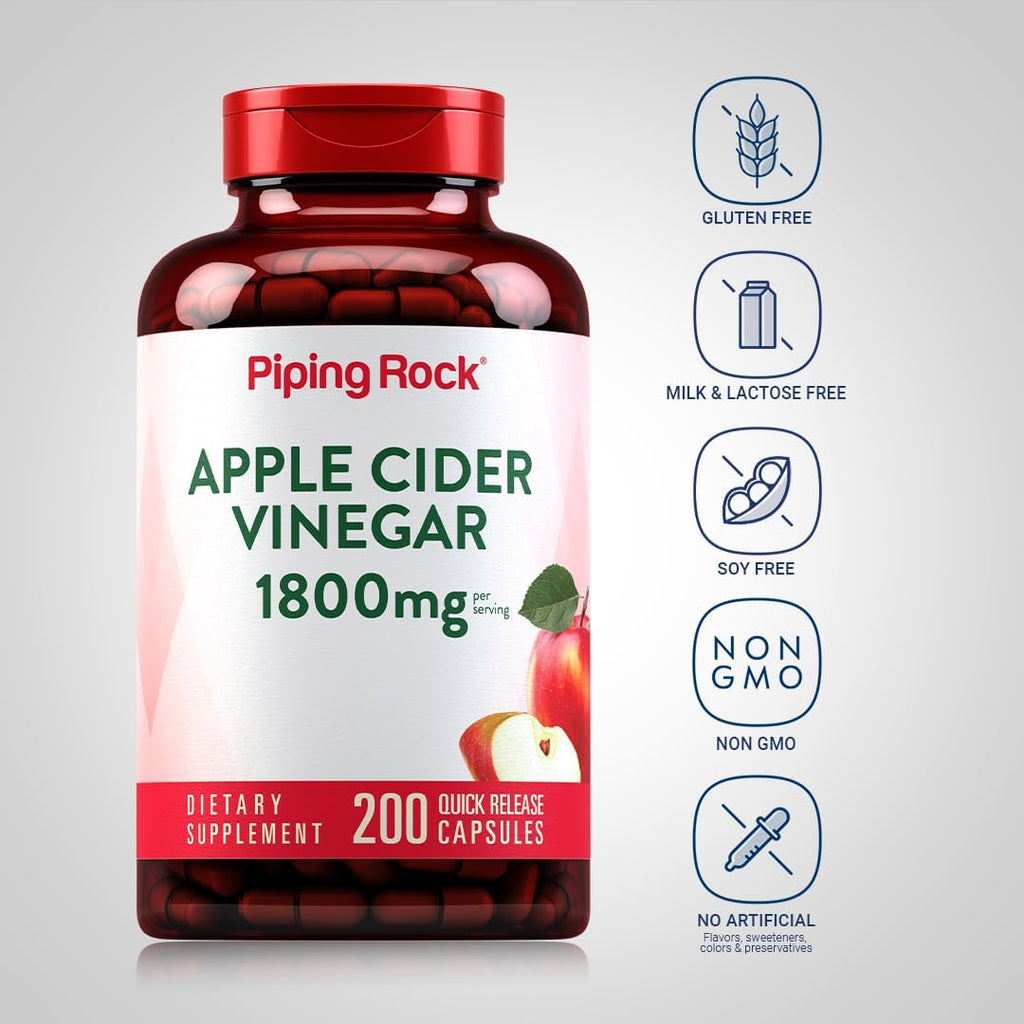 Piping Rock Cápsulas de Vinagre de Manzana 1800 mg | 200 Cápsulas | Fórmula Potente | Complemento para Hombres y Mujeres | No OGM, Sin Gluten