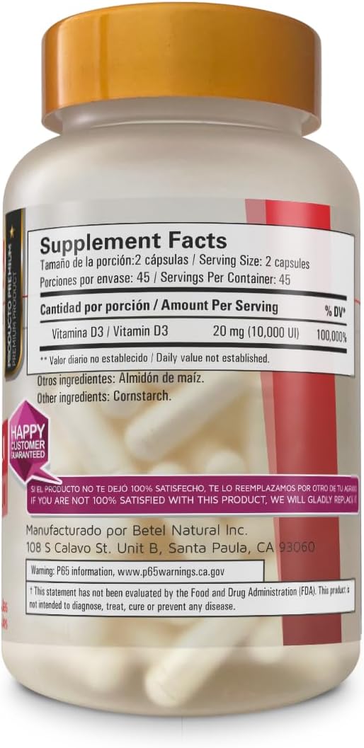 Betel Natural Vitamina D3 10.000 IU - 90 Cápsulas