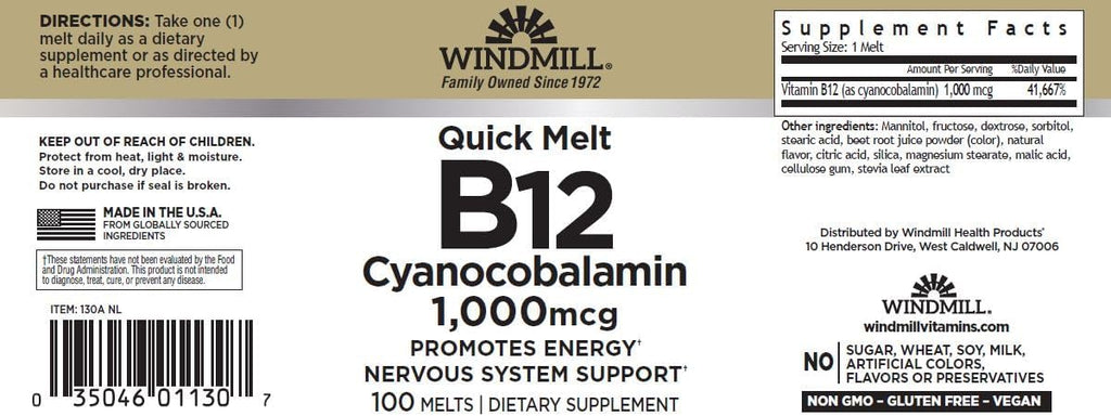 Windmill B-12 1000 mcg Sublingual - 100 Comprimidos de Disolución Rápida