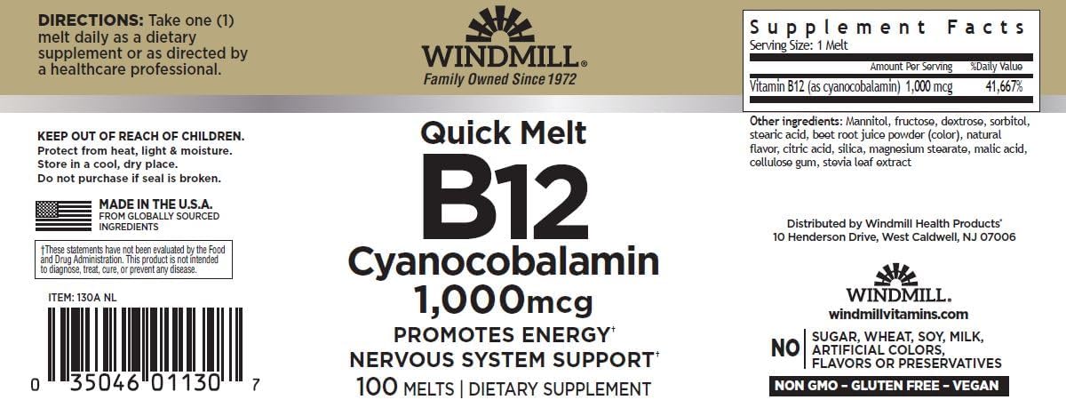 Windmill Vitamina B12 1000 mcg Comprimidos Sublinguales 100 Unidades
