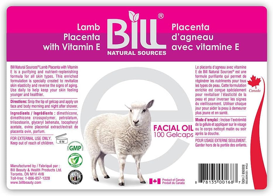 Bill Natural Sources Placenta de Cordero con Vitamina E, 100 Cápsulas