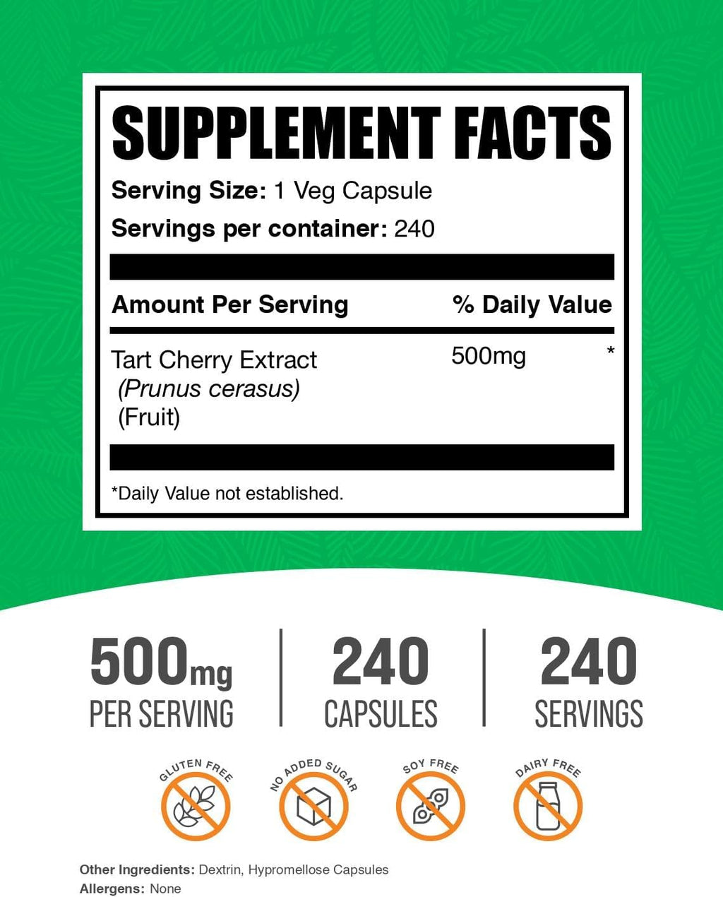 Extracto de Cereza Ácida 500 mg - 240 Cápsulas Vegetales - BulkSupplements