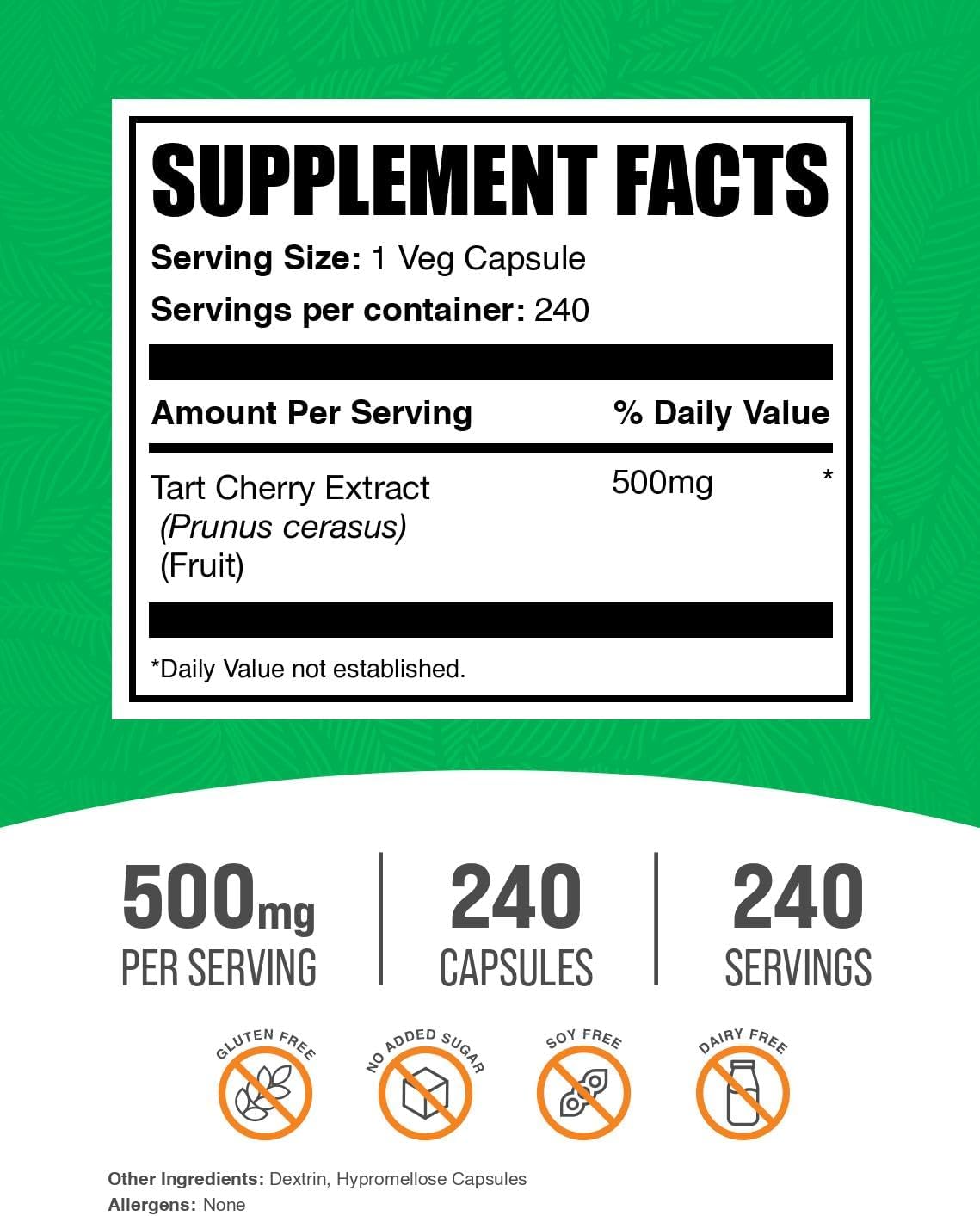 Extracto de Cereza Ácida 500 mg - 240 Cápsulas Vegetales - BulkSupplements
