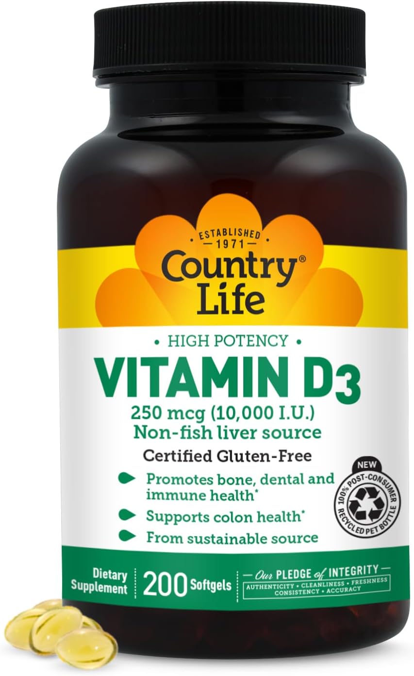 Country Life Vitamina D3 10.000 UI – Alta Potencia, Sin Pescado – Apoyo Óseo e Inmunitario – Sin Gluten – 200 Cápsulas Blandas