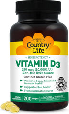 Country Life Vitamina D3 10.000 UI – Alta Potencia, Sin Pescado – Apoyo Óseo e Inmunitario – Sin Gluten – 200 Cápsulas Blandas