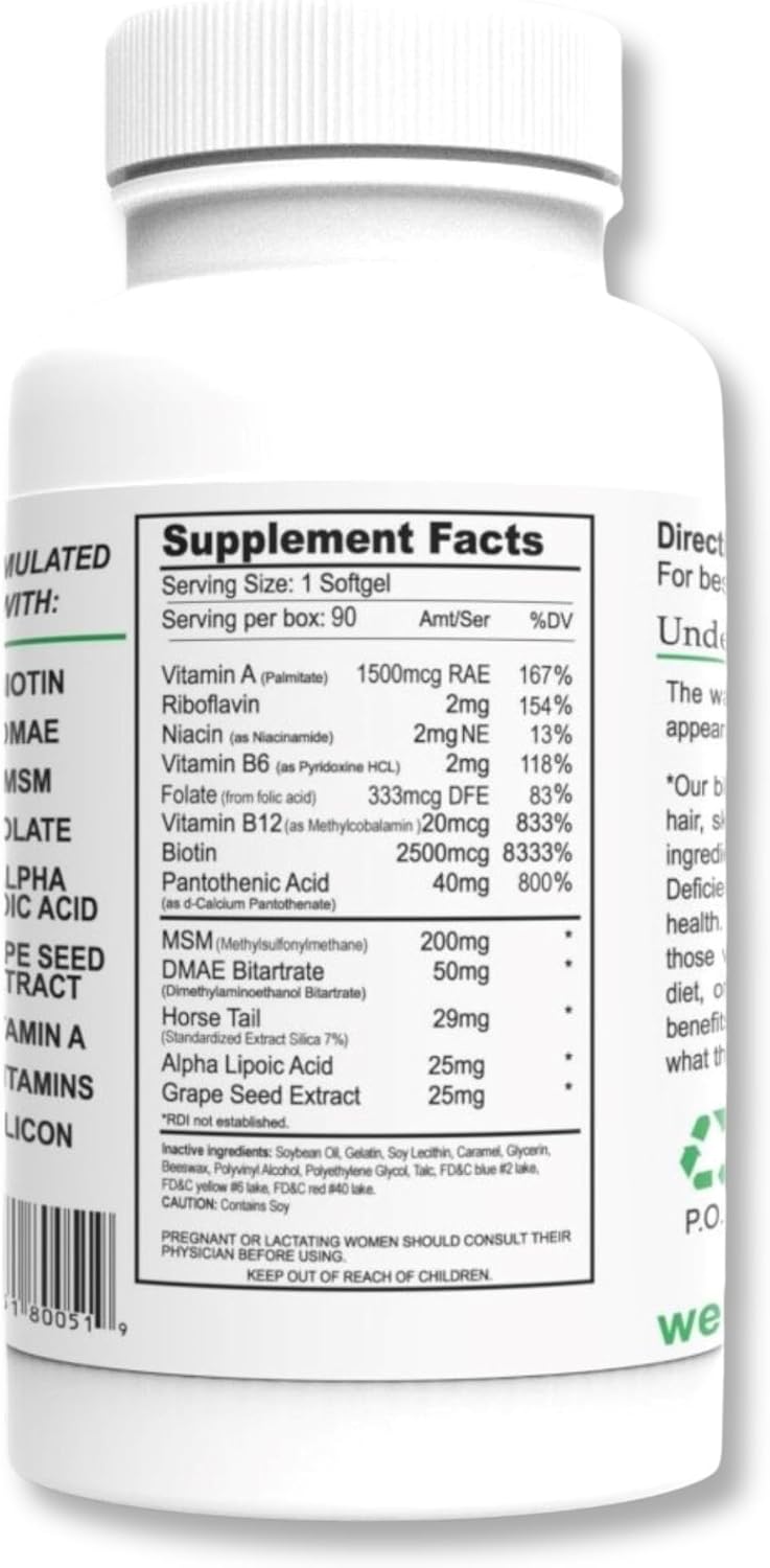 Wellgenix Purvana Suplemento para Cabello, Piel y Uñas – 2500mcg Biotina con MSM y Complejo B – 90 Cápsulas Blandas