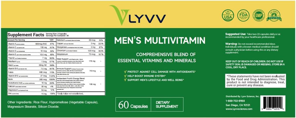 Lyvv Multivitamínico para Hombres, Fórmula Completa, 60 Cápsulas