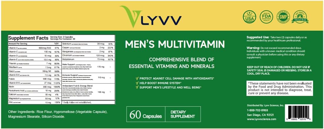 Lyvv Multivitamínico para Hombres, Fórmula Completa, 60 Cápsulas