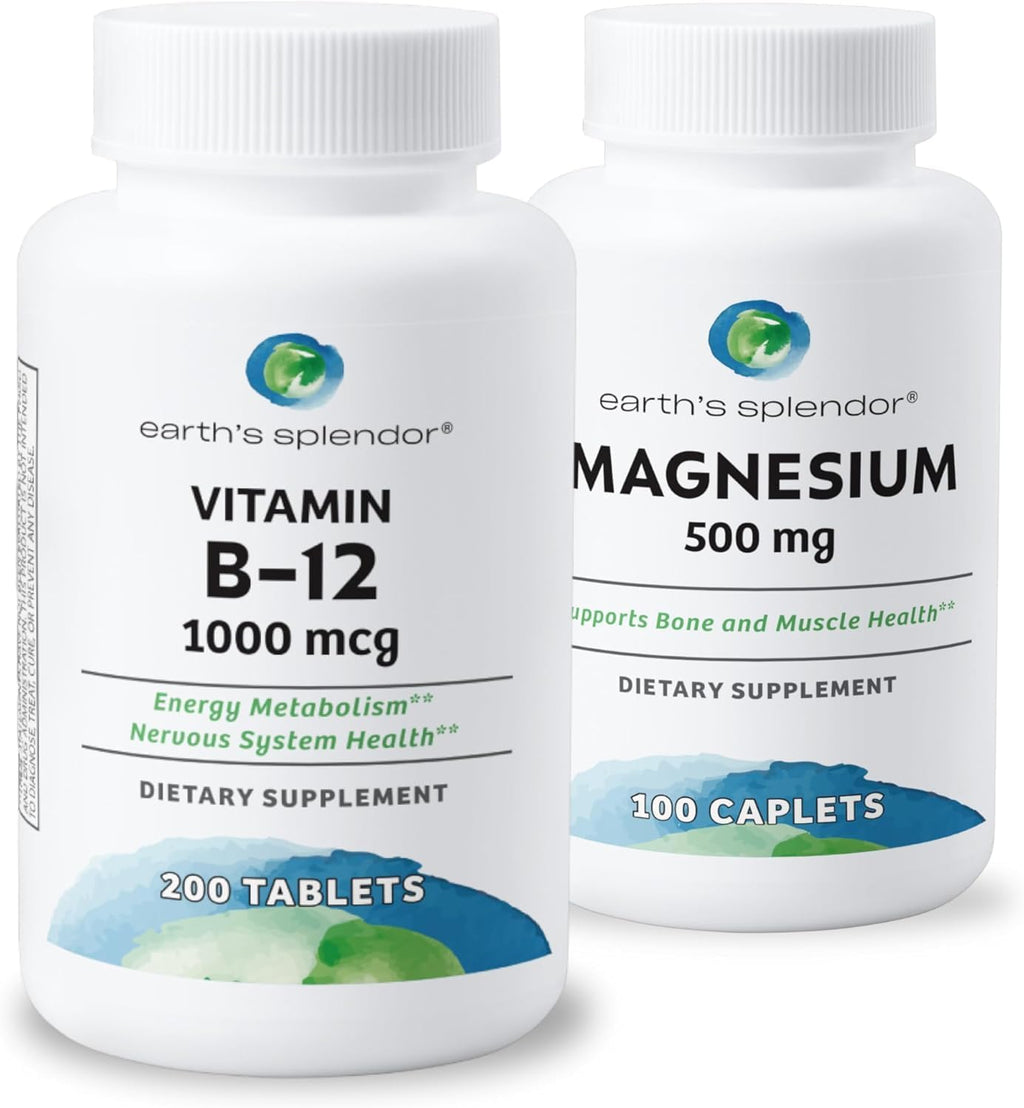 Earth's Splendor Energy + Muscle Support: Vitamina B12 (1000mcg) y Magnesio (500mg) - Sin Gluten, Sin Trigo, Sin Sabores Artificiales